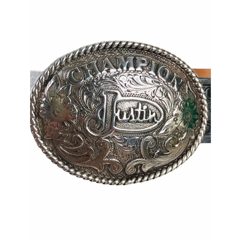 Justin Kids Champion Black Tooled Belt 811BK Black Top Grain Cowhide Made in USA